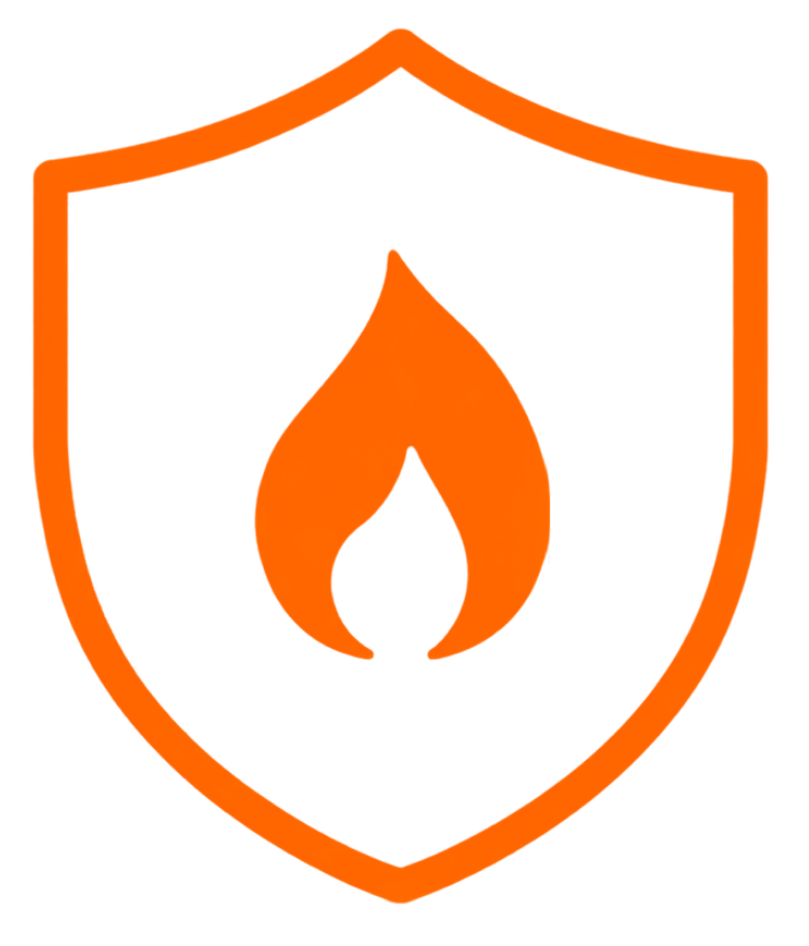 Orange shield icon with flame inside